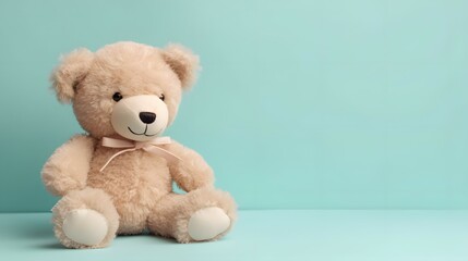 Cute teddy bear on light colors background, top view. Space for text. stock photography.