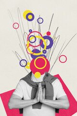 Vertical collage creative poster black white filter chaos headless man meditation practicing...