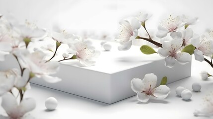 3D spring snowy white Background with fresh blossom flowers and leaves. soft. Product presentation. luxury mockup 3d render advertisement copy space mockup.
