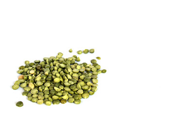 dried green split peas cut out on a white background (isolated vegetables, grain, soup ingredient, beans) close up, healthy, vegetable, vegetarian, vegan