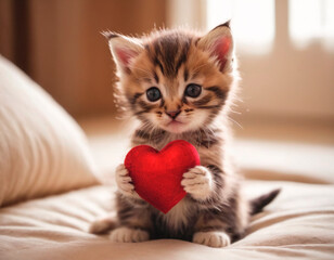 Kitten Holds Red Heart In Paws, Adorable Feline Captured With Symbol of Love