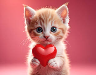 Kitten Holds Red Heart In Paws, Adorable Feline Captured With Symbol of Love