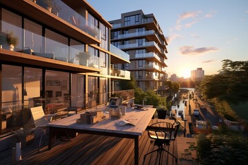 Elegant modern apartment featuring a cozy wooden balcony desk, offering a mesmerizing view of the citys stunning skyline during a captivating evening sunset