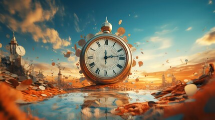 Vintage pocket watch on the background of the world