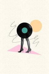 Vertical creative collage young bodyless girl vinyl plate instead body attractive legs standing...