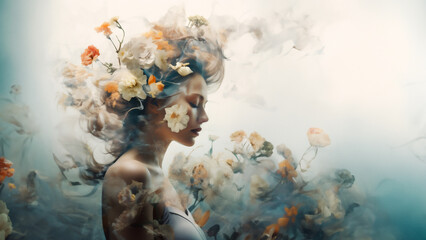 Fantasy portrait with double exposure, combining the profile of a girl and spring flowers.