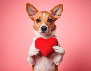 Adorable Puppy Holds Red Heart In Its Paws - Sweet Pet Love. A cute puppy holds a red heart in its tiny paws, showcasing an expression of love and affection.