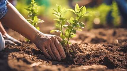 Man planting tomato seedling in the ground. A hands on stock photo capturing the essence of gardening and the nurturing of new life in nature