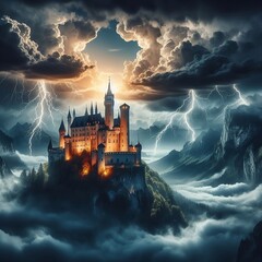 Castle on a stormy night with clouds and lightning around it - obrazy, fototapety, plakaty