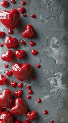Cluster of Bright Red Hearts on a Gray Background