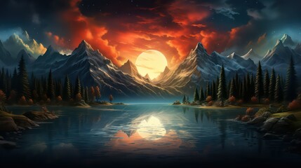 Fantasy landscape with mountains, lake and sunset