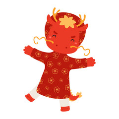 Cute dragon girl in traditional Vietnamese clothes ao dai character illustration. Hand drawn cartoon vector illustration. Flat style design. 2024 New Year zodiac sign, symbol. Tet holiday card element