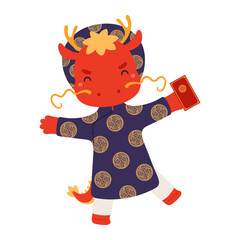 Cute dragon boy in ao dai, holding red envelope character illustration. Hand drawn cartoon vector illustration. Flat style design. 2024 Vietnamese New Year zodiac sign, symbol. Tet holiday element