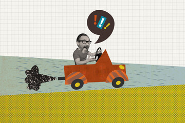 3d retro abstract creative artwork template collage of funny man driving car shocked nervous scream...