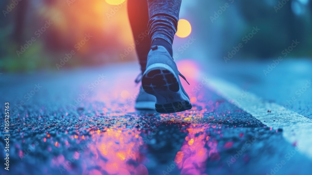 Poster a person's feet are walking on a wet road, ai