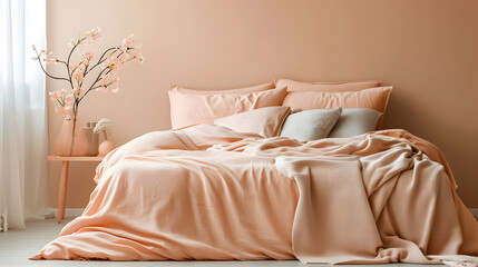 A cozy bedroom with a bed dressed in soft peach fuzz color bedding. Modern trendy tone hue shade - obrazy, fototapety, plakaty