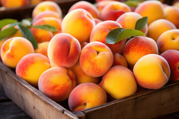 Many fresh peaches with glistening water droplets, creating a sense of juiciness and freshness. Suitable for food and beverage advertising, summer-themed designs, or healthy lifestyle content.