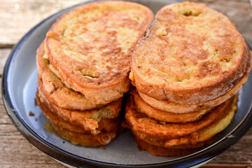 French toast  and white cheese. Rustic breakfast  made from deep fried   bread   with organic free range   eggs