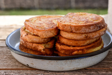 French toast  and white cheese. Rustic breakfast  made from deep fried   bread   with organic free range   eggs