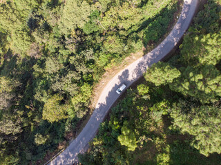 Aerial photo of a winding road in the forest