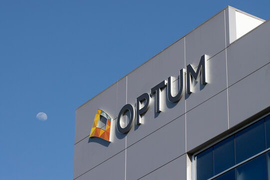 Los Angeles, CA, USA - May 11, 2022: Optum logo is seen at its office in Log Angeles, California. Optum is an American health services and innovation company owned by the UnitedHealth Group (UHG).