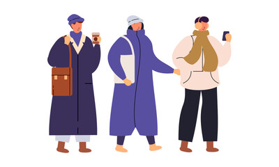 Stylish People Wearing Warm Winter Clothes. Men, Women in Outfits for Cold Weather Vector Illustration