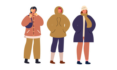 Stylish People Wearing Warm Winter Clothes. Men, Women in Outfits for Cold Weather Vector Illustration