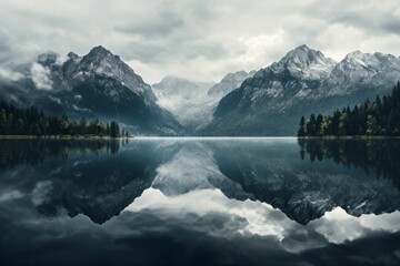 Fototapeta na wymiar A reflective shot of a calm lake mirroring the mountains. Generative AI