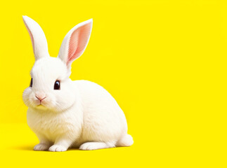 Beautiful easter card with cute bunny on yellow background with copy space for your text. Banner with Easter rabbit