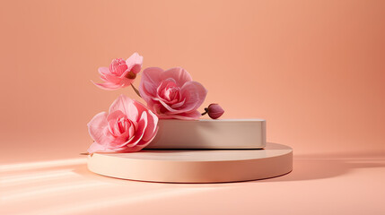 empty round concrete podium stage on peach fuzz  background with small pink rose flowers of a minimalistic and geometric podium. round peach fuzz pedestal podium for product