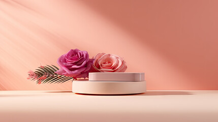empty round concrete podium stage on peach fuzz  background with small pink rose flowers of a minimalistic and geometric podium. round peach fuzz pedestal podium for product