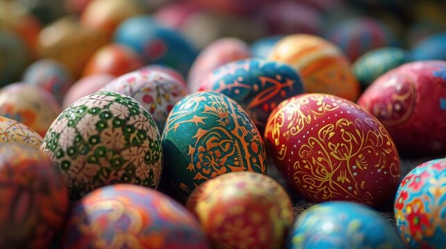 Easter colorful eggs with painted, Religion tradition background, Closeup