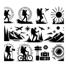 set of hiker silhouette vector illustration