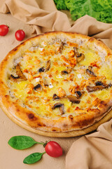 mushroom pizza with miso sauce on table