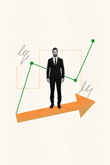 Creative collage picture illustration young handsome formal man growth money charts analysis go up progress sketch doodle template