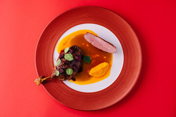 duck leg with pumpkin puree on red plate