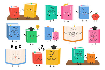 Collection of cute book characters for readers, book lovers, schoolers, libraries, lessons. Reading concept for kids. Funny different books, reading motivation elements in cartoon style.