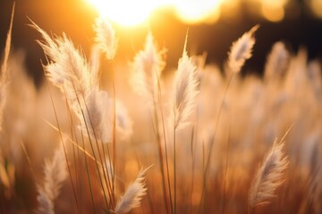 A golden meadow at sunset, bathed in the warm light of the evening sun, showing the beauty of nature.