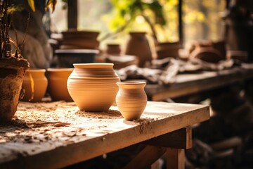 A traditional collection of handmade earthenware ceramics showcasing artistry, patterns and vintage craftsmanship in a market setting.