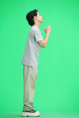 A guy in a gray T-shirt, on a green background, full-length, begging