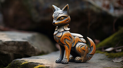 Metal figurine of a fox from Japanese folklore against background of stones and forest. - obrazy, fototapety, plakaty