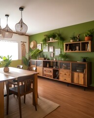 An image of a dining room with a built-in buffet made of natural wood and plenty of storage space for dishes and utensils. The room has a nature-inspired color scheme with shades of green and brown