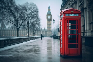 Fototapeta na wymiar traditional telephone booth in London with Big Ben in the background