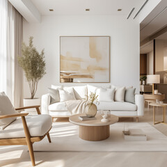 Fototapeta premium White sofa and armchairs in Scandinavian style home interior design of modern luxury living room at apartment