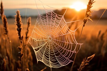 Photo of a dew-covered spider web at sunrise. Generative AI