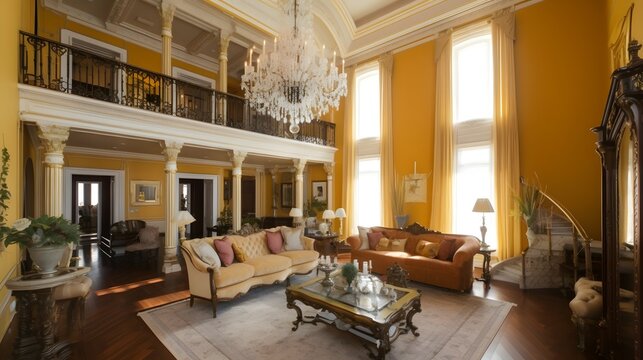 An image of a double-height living room with a classic and regal style. The room features a grand chandelier and a marble staircase leading to the second level, which has a seating area and a built