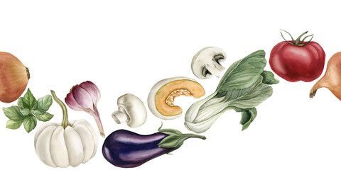 Fresh colorful vegetables. Seamless hand painted watercolor illustration isolated on white background for fabric,card