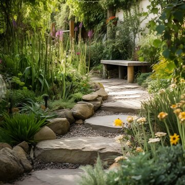 An image of a garden with a natural stone pathway leading to a seating area surrounded by plants and flowers. The garden has a nature-inspired design with plenty of natural elements like rocks and