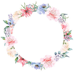 Flowers wreath.Painted in watercolor.Elegant floral ring for invitation, wedding or greeting cards.Vintage romantic style.Flower circle.Valentine's Day.
