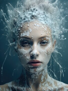 Dynamic water splash around an icy woman's face, creating a captivating and surreal portrait of beauty in motion.